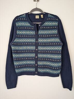 Vintage Gap Sweater Wool Fair Isle Cardigan Winter Wood Cabin Blue Green Size L